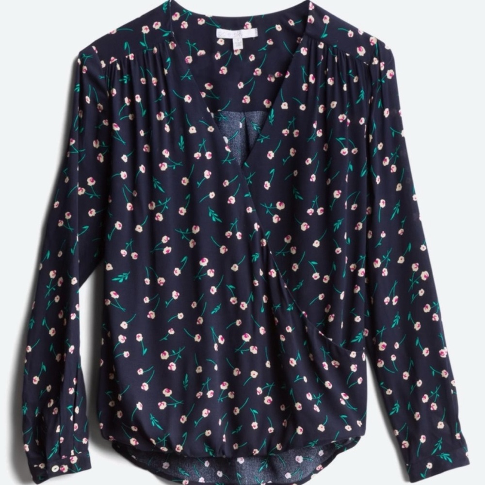Navy Floral Long Sleeve Faux Wrap Blouse